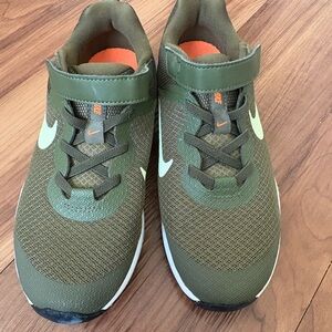 Nike Kids Olive Green Sneakers with Orange Accents